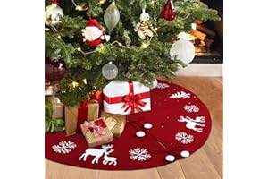 GUDELAK Christmas Tree Skirt 36 inch Double-Sided Red Tree Skirt with Snowflake & Reindeer Pattern, Thick Knit Rustic Tree Skirt for Artificial Trees Holiday Party Christmas Decorations
