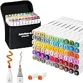 AnyMark Alcohol Markers, 60 Colors Dual Tip Art Coloring Markers Set for Kids Adult Book Drawing Sketching Painting, Chisel & Fine, White Penholder