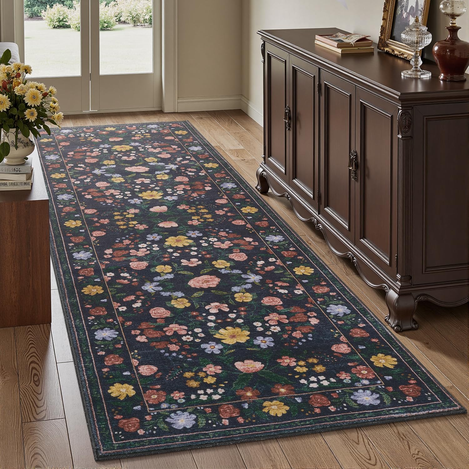 AMOAMI Vintage Floral Runners for Hallways Indoor, 2x6 Kitchen Runner Rug Non Slip Machine Washable Entryway Rug Runner Ultra Soft Boho Carpet Runner for Hallway Kitchen Bedside Entryway, Black