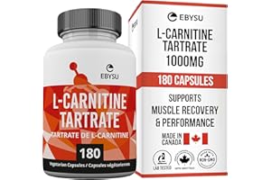 EBYSU L-Carnitine Tartrate 1,000mg Per Serving (Made in Canada) - 180 Capsules - L Carnitine Supplement for Workout Recovery 