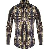ZEROYAA Men's Nightclub Shiny Golden 3D Rose Dress Shirt – Slim Fit Button Down Party Shirt, Black White, XX-Large