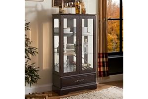Eyisean Lighted Curio Cabinet 47" H China Cabinet with Tempered Glass Doors, 3-Tier Adjustable Shelves and Acrylic Mirrored Back Pane, Glass Display Cabinet for Living Room (Cherry)
