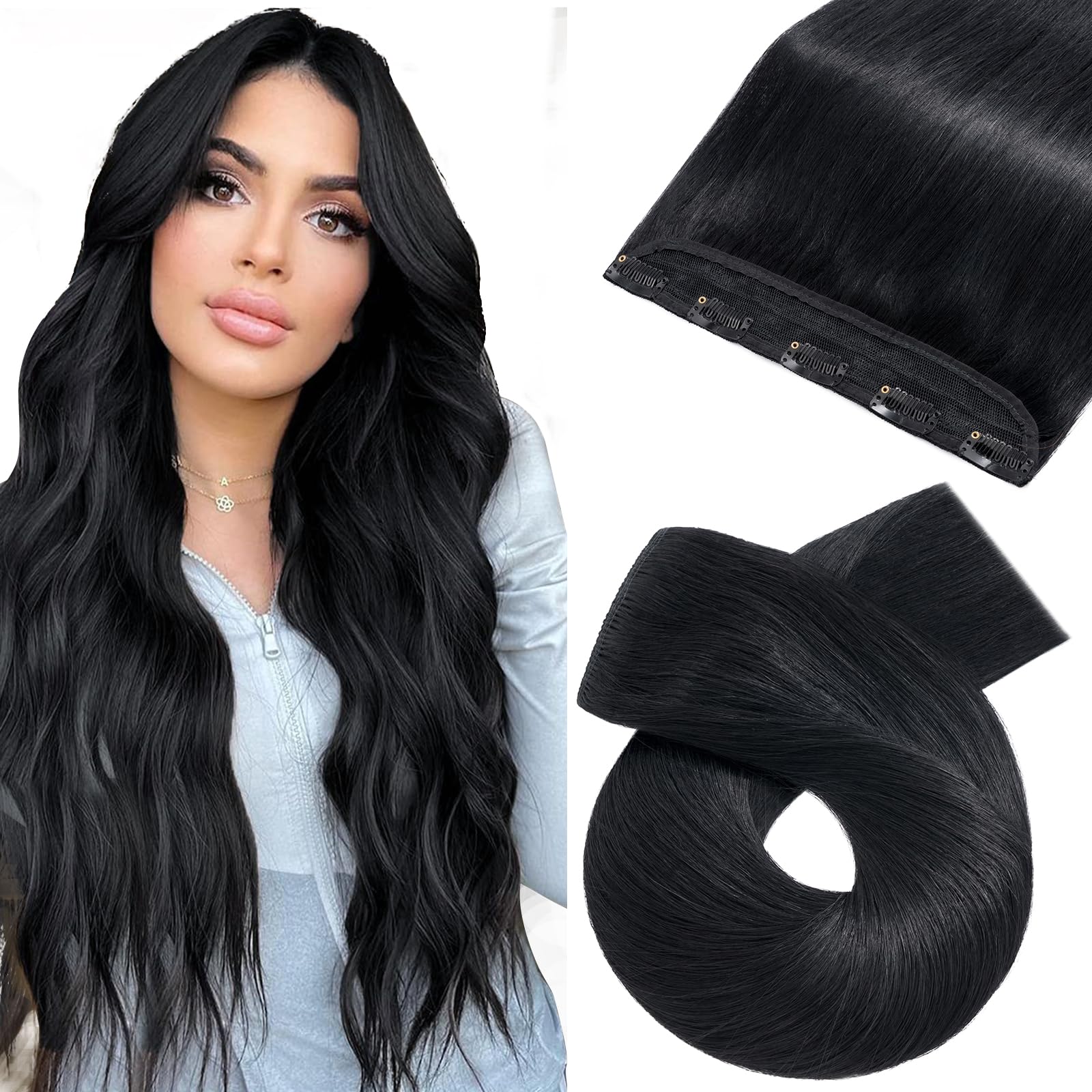 Silk-co 12in One Piece Real Remy Hair Extensions Clip in #01 Jet Black 3/4 Full Head Clip on Human Hair Extension 100% Remy Silky Soft Straight 40g