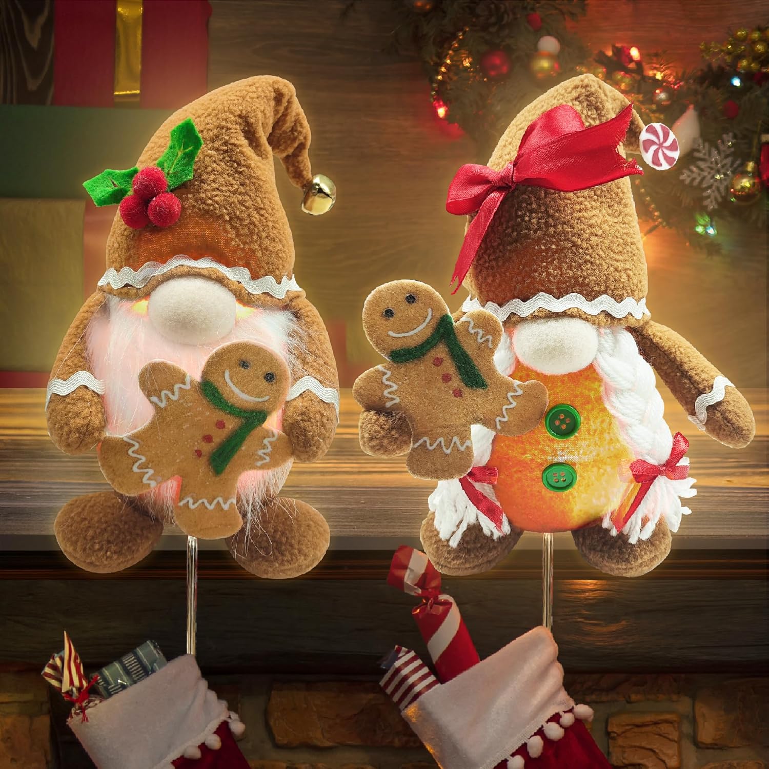 Stockings & Holders - 2 Pack Christmas Stocking Holders for Mantle, Stocking Hangers for Mantel with Lights, Christmas Decorations for Home Indoor, Stocking Hooks for Mantle