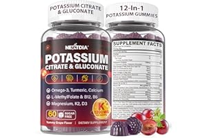 NEXTDIA Potassium Citrate and Potassium Gluconate Supplement, 1200mg Two Forms of Potassium Gummies, w/Magnesium, Omega-3, Calcium, Vitamin D3 K2 B12 E B6, Folate for Mṵṣḉḷḙ, Nerves, Health Bones, 120Cts