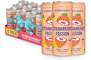 wildwonder Sparkling Probiotic Drink 12pk, For Gut Health & Immune Support, Strawberry Passion, 5g Prebiotic Fiber, Live Probiotics, Organic, Vegan, Low Sugar, 12 Pack, 12oz Can, As Seen on Shark Tank