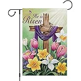 Heyfibro Easter Cross Garden Flag He is Risen Religious Garden Flags 12x18 Double Sided Burlap Lily Tulip Flower Yard Flag for Easter Holiday Farmhouse Yard Outdoor Decor(ONLY FLAG)