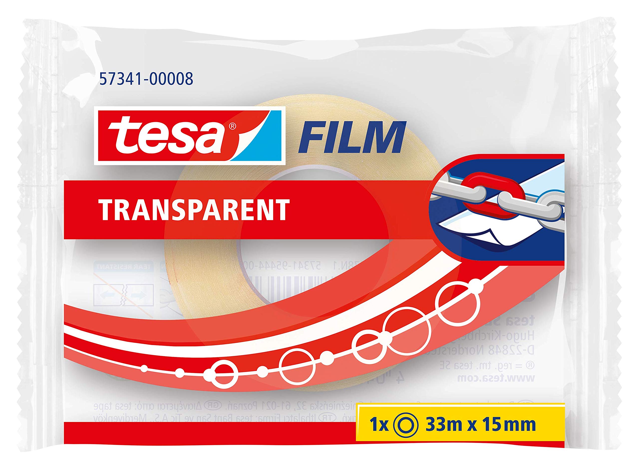tesa Transparent Film Adhesive Tape with Strong Adhesion, ageing Resistant and Tear-Resistant, 33 m x 15 mm