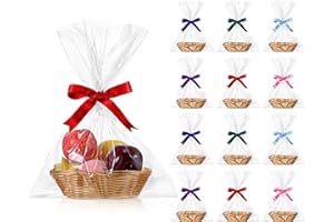Blulu 12 Pieces Christmas Basket Empty for Gifts Oval Basket Food Storage Fruit Baskets with 6 Rolls Colorful Ribbons and 30 Clear Gift Bags for Kitchen Restaurant 9 x 6 x 2.24 Inches