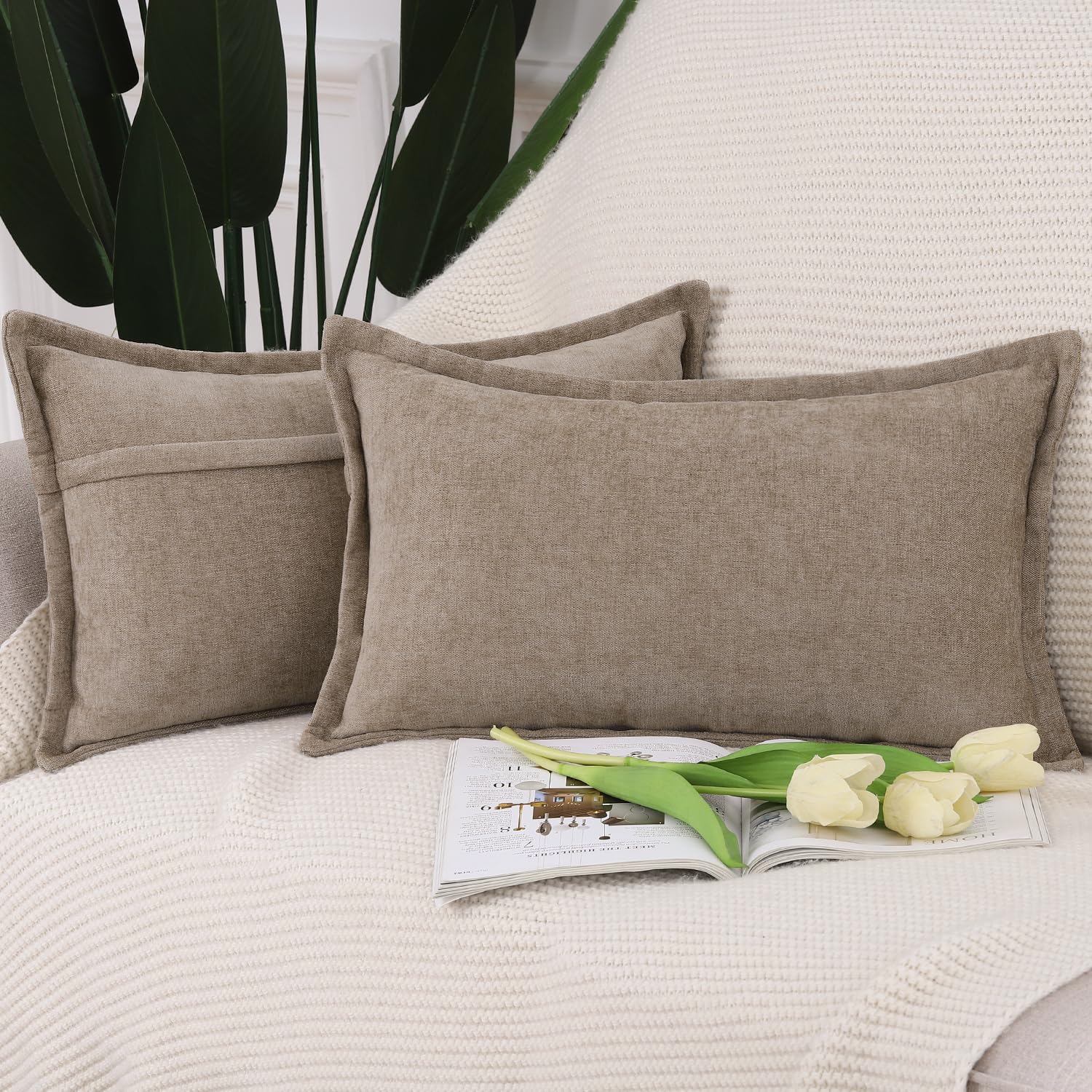 Photo 1 of MADIZZ Chenille Flange Edge Throw Pillow Covers Set of 2 Super Soft Boho Pillow Covers Decorative Plain Throw Pillowcases Modern Farmhouse Home Decor for Sofa Bedroom Taupe 12x20 Inch