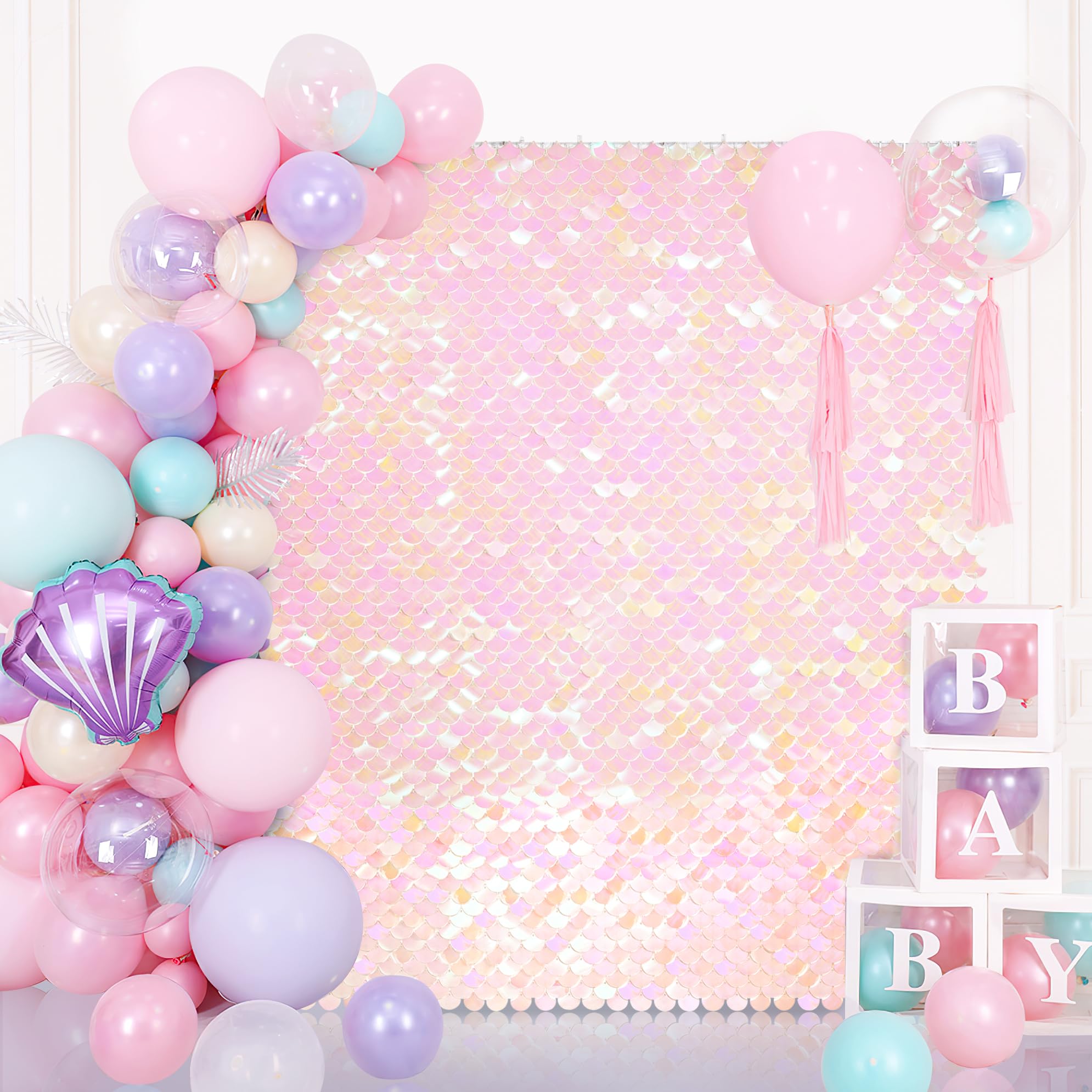 View 1 of Shimmer Wall Backdrop Mermaid Panel - Glitter Panels 4ftx6ft Fish Scales Balloons Kit for Birthday Anniversary Engagement Bachelorette Parties Decorations
