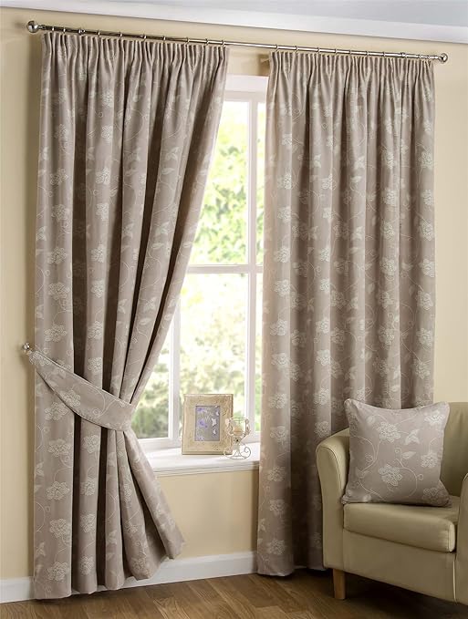 HOMESCAPES Natural Beige Pencil Pleat Linen Curtains Pair Width 90 x 90