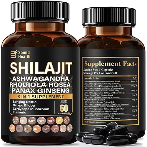 SoundHealth Pure Shilajit Capsules 60 Count | 8 in 1 Formulation | 25:1 Concentrated Extract (10,000mg Equivalent) | Sealed Bottle Packge | Organic and veagn | Nutritional Supplement