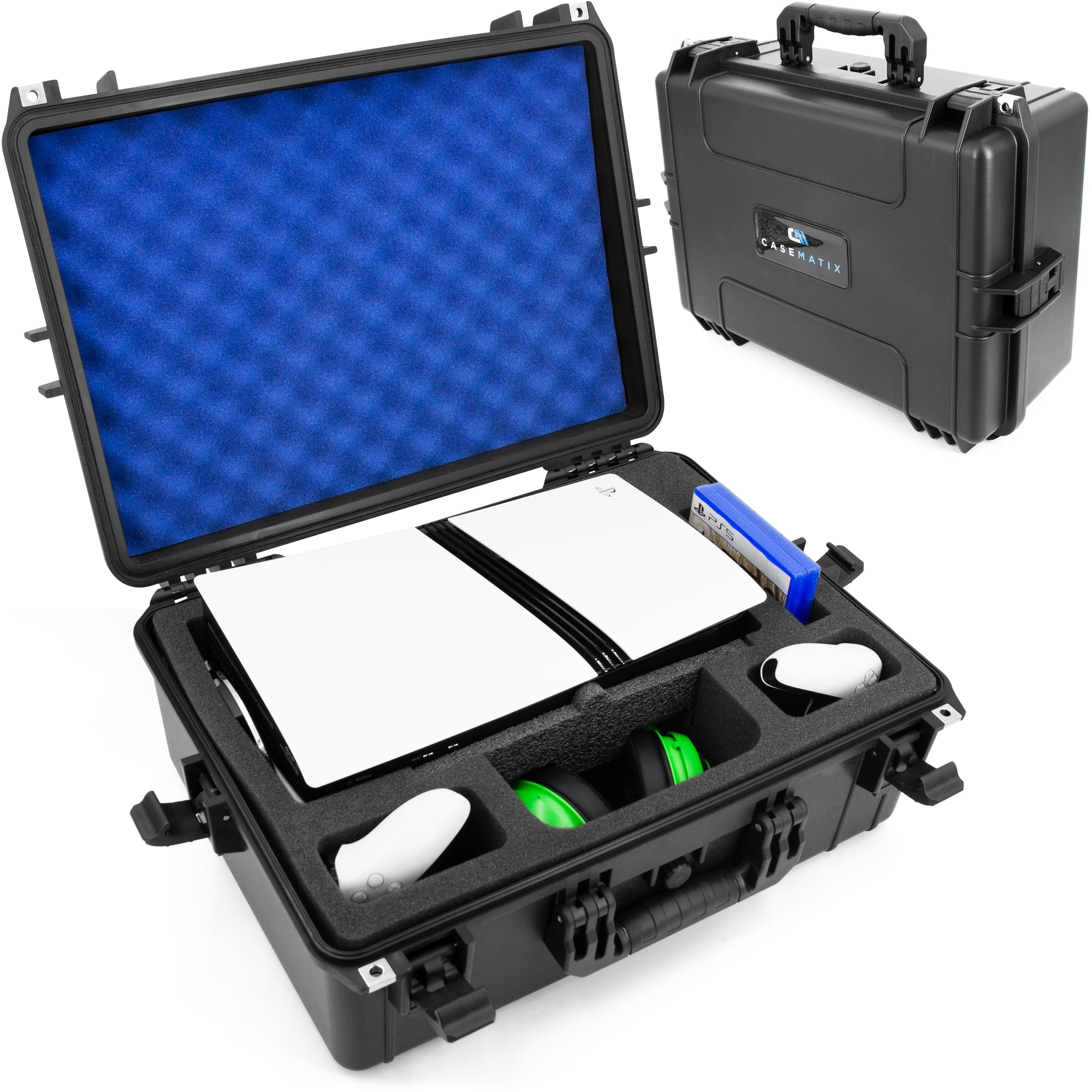 CASEMATIX Travel Case Compatible With PlayStation 5 Pro & PS5 Pro Disc Drive - Hard Shell Waterproof Case with Custom Foam for Console, Pro Controllers, Stand, Headset, Games and Accessories
