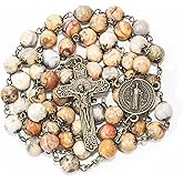 Nazareth Store Antique Bronze Rosary Necklace Genuine 8mm Stone Beads with St. Benedict Cross and Medal