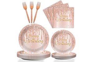 ZOIIWA 96 Pieces Happy Birthday Tableware Set for Pink Rose Gold Table Decorations Supplies Dessert Plates Napkins Forks Women 24 Guests Disposable Party Favors