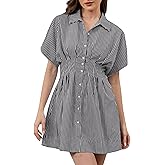 MSBESYOR Women Button Down Pleated Shirt Dress Summer Short Sleeve Blouse Striped Print Corset Mini Dresses