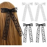 Matwsec 4PCS Lace Bows Clips Cute Black Lace Hair Bows for Women with Long Tail Ribbons for Girls Wedding Prom Birthday Party Communion Birthday Christmas Gifts