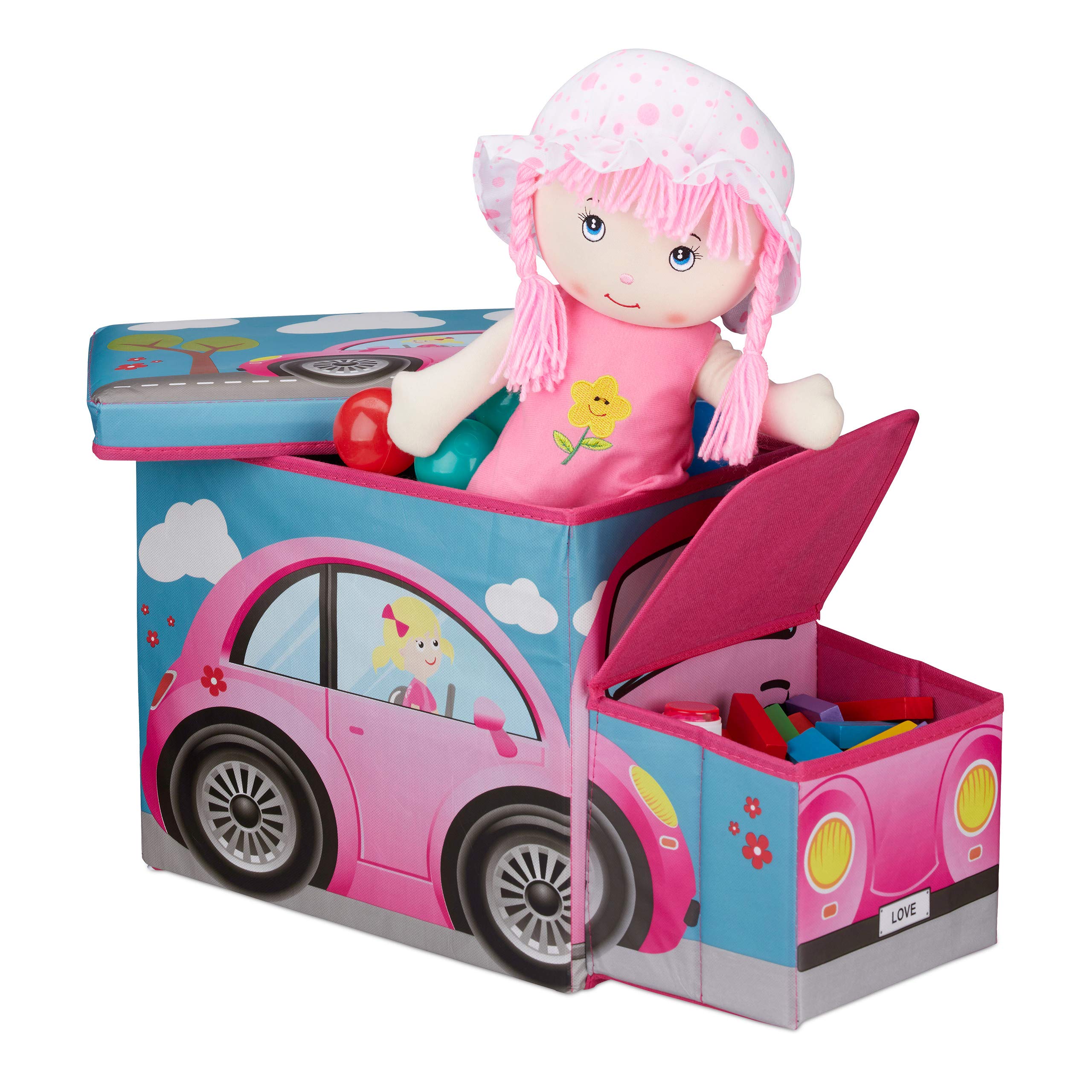 Relaxdays Children’s Storage Ottoman, Lidded Toy Box, Folding, Boys & Girls, Car Design, 50 Litres, Pink