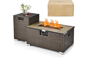 Tangkula 2 Piece Outdoor Propane Fire Pit Table Set with Hideaway Propane Tank Holder, 40,000 BTU Rattan Wicker Fire Pit Tabl