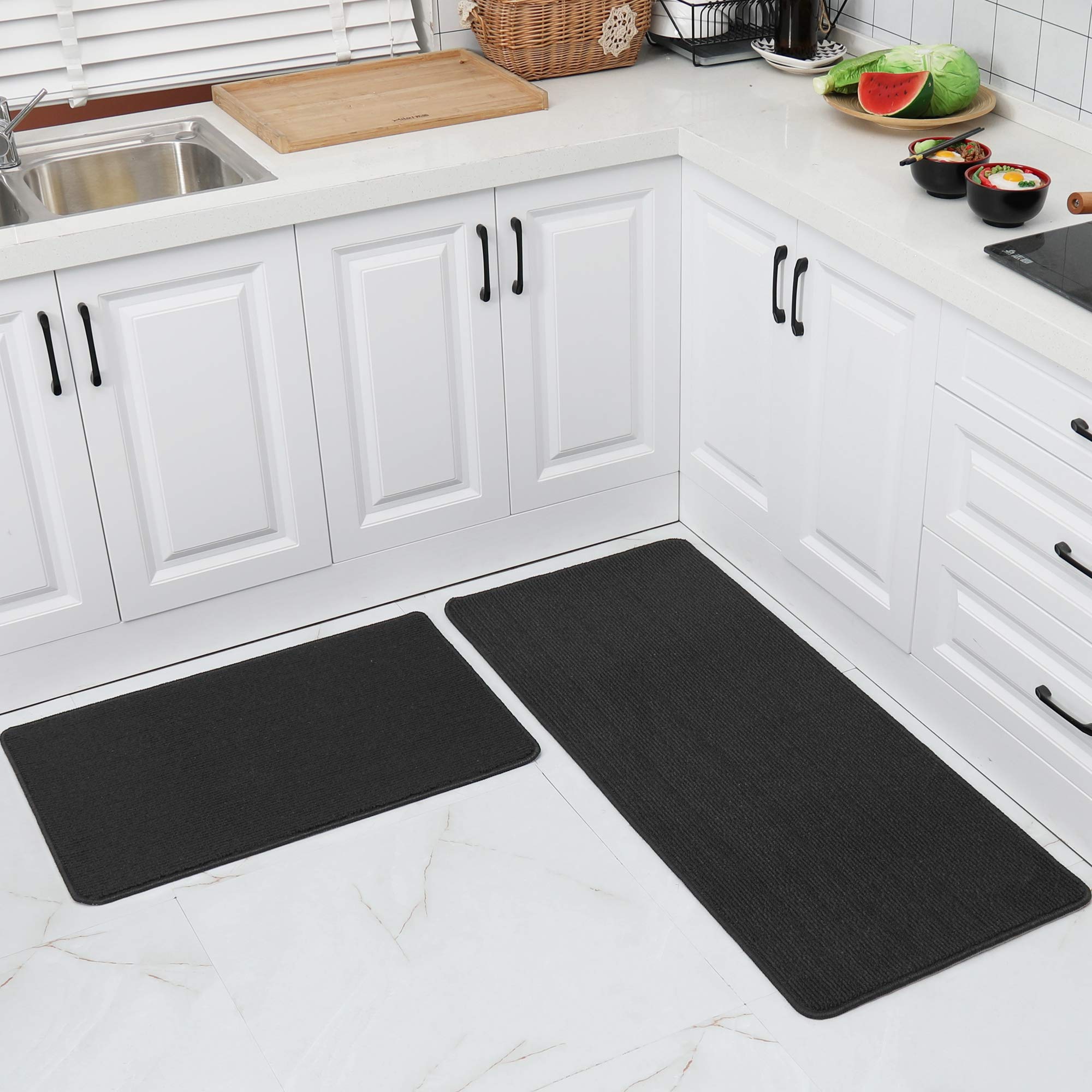 Photo 1 of COSY HOMEER 20x30 Inch/20X48 Inch Kitchen Rug Mats Made of 100% Polypropylene Strip TPR Backing 2 Pieces Soft Kitchen Mat Specialized in Anti Slippery and Machine Washable,Black