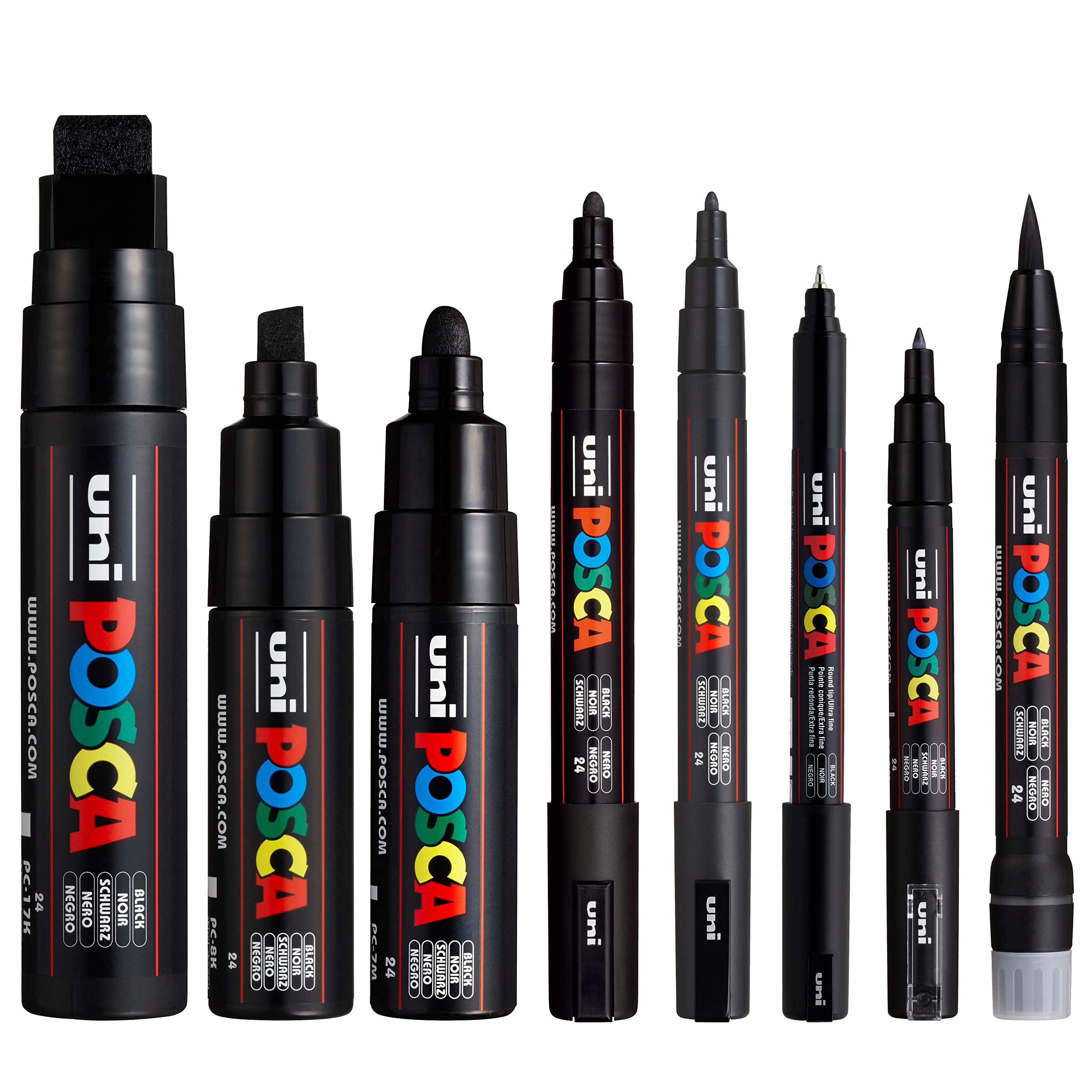 Posca - Water Based Permanent Marker Paint Pen - Multi Surface Use - (PC-17K, PC-8K, PC-7M, PC-5M, PC-3M, PC-1M, PC-1MR, PCF-350) - Black Pack of 8 Pens