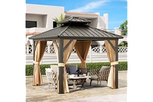 PEAKPURSUIT 10'x10' Hardtop Gazebo, Heavy Duty Aluminum Permanent Hardtop Gazebo Outdoor Pavilion with Curtains and Netting for Garden (Khaki, 10'x10')