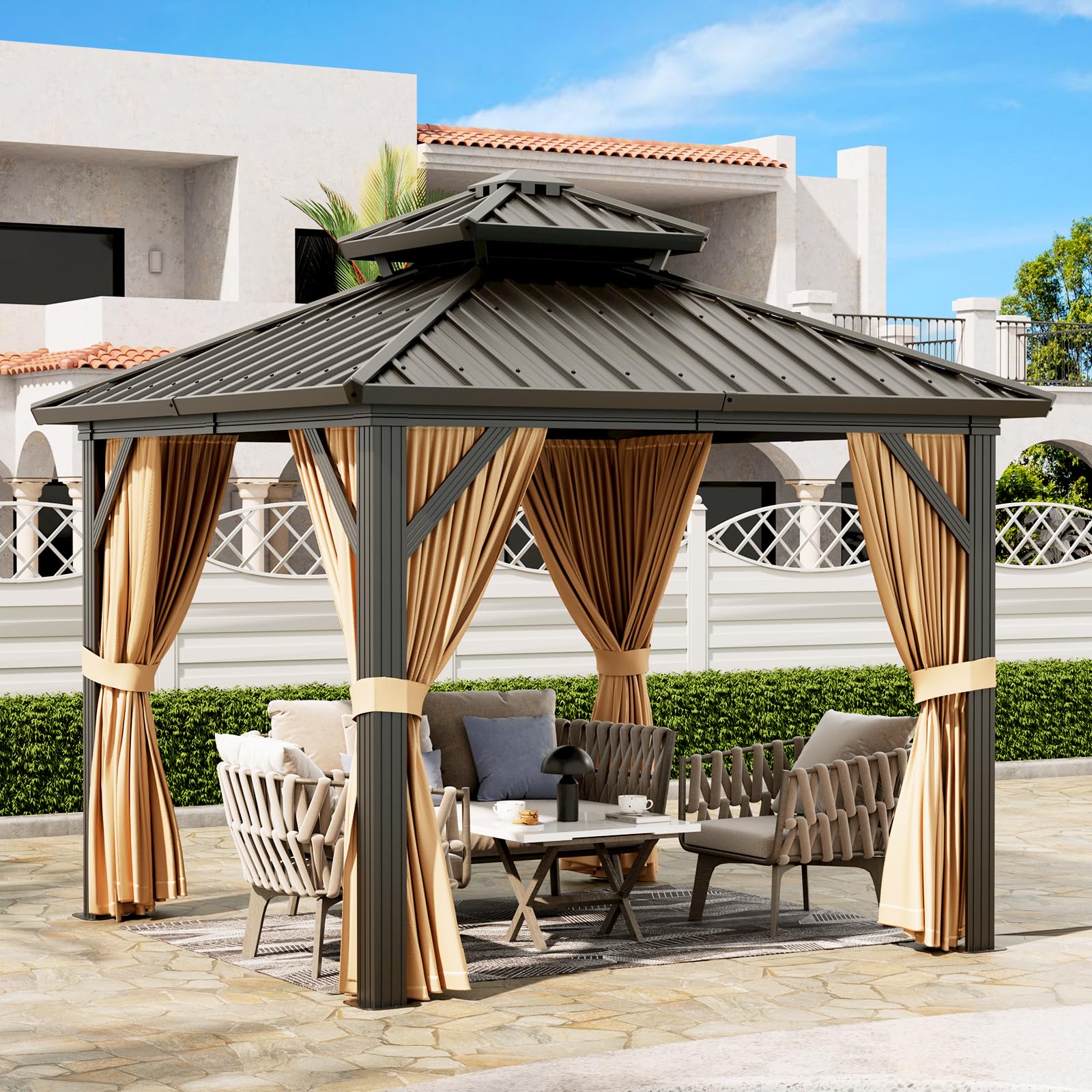 Photo 1 of 10'x10' Hardtop Gazebo, Heavy Duty Aluminum Permanent Hardtop Gazebo Outdoor Pavilion with Curtains and Netting for Garden (Khaki, 10'x10')