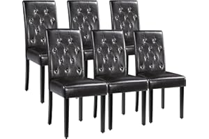 Yaheetech Dining Chairs Set of 6 Modern Style Faux Leather Dining Room Chairs with Solid Wood Legs and Button Tufted Padded for Home Kitchen, Brown