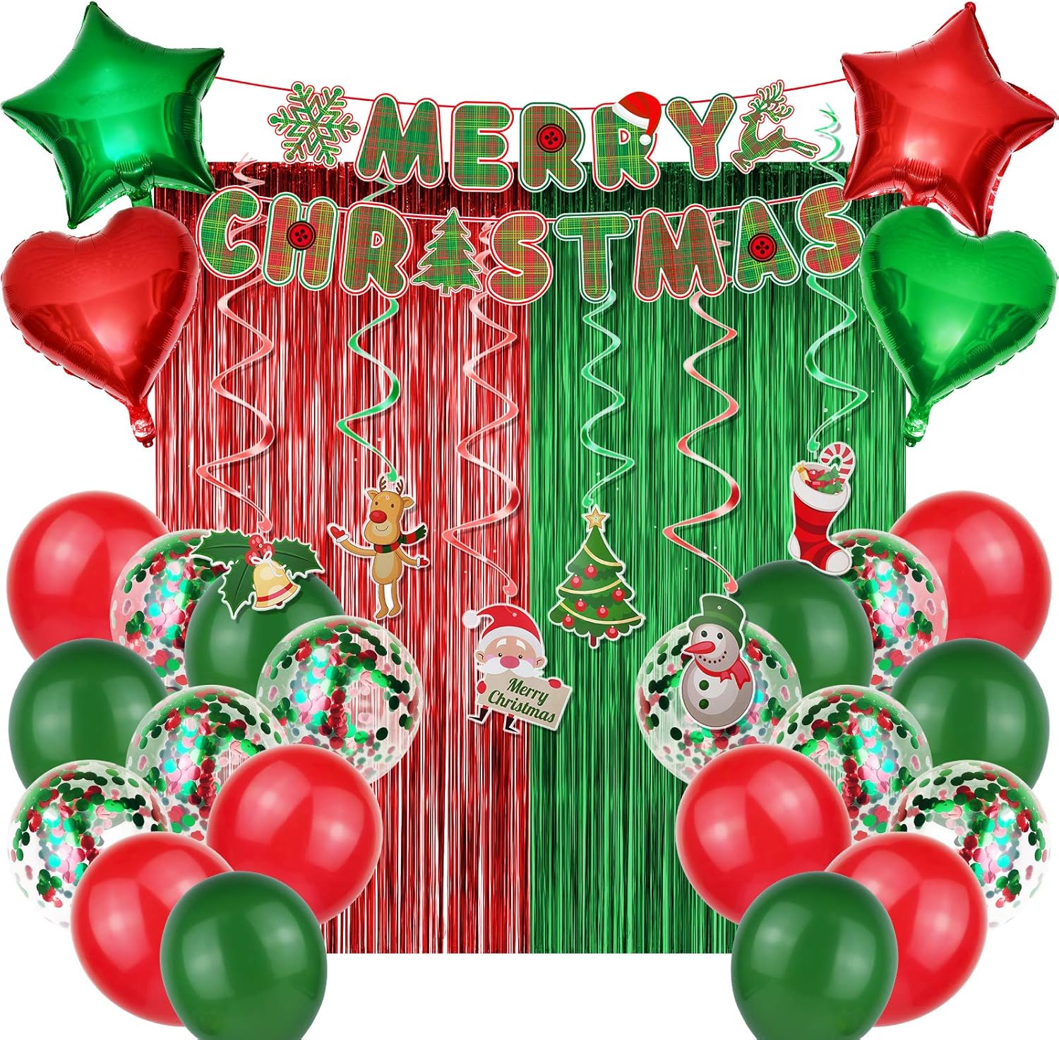Christmas Party Decoration Supplies Christmas Balloons Merry Christmas Banner Hanging Swirls Red and Green Metallic Fringe Curtains Christmas Decor
