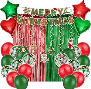 Christmas Party Decoration Supplies Christmas Balloons Merry Christmas Banner Hanging Swirls Red and Green Metallic Fringe Curtains Christmas Decor