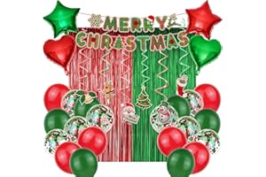 JANINUS Christmas Party Decoration Supplies Christmas Balloons Merry Christmas Banner Hanging Swirls Red and Green Metallic Fringe Curtains Christmas Decor