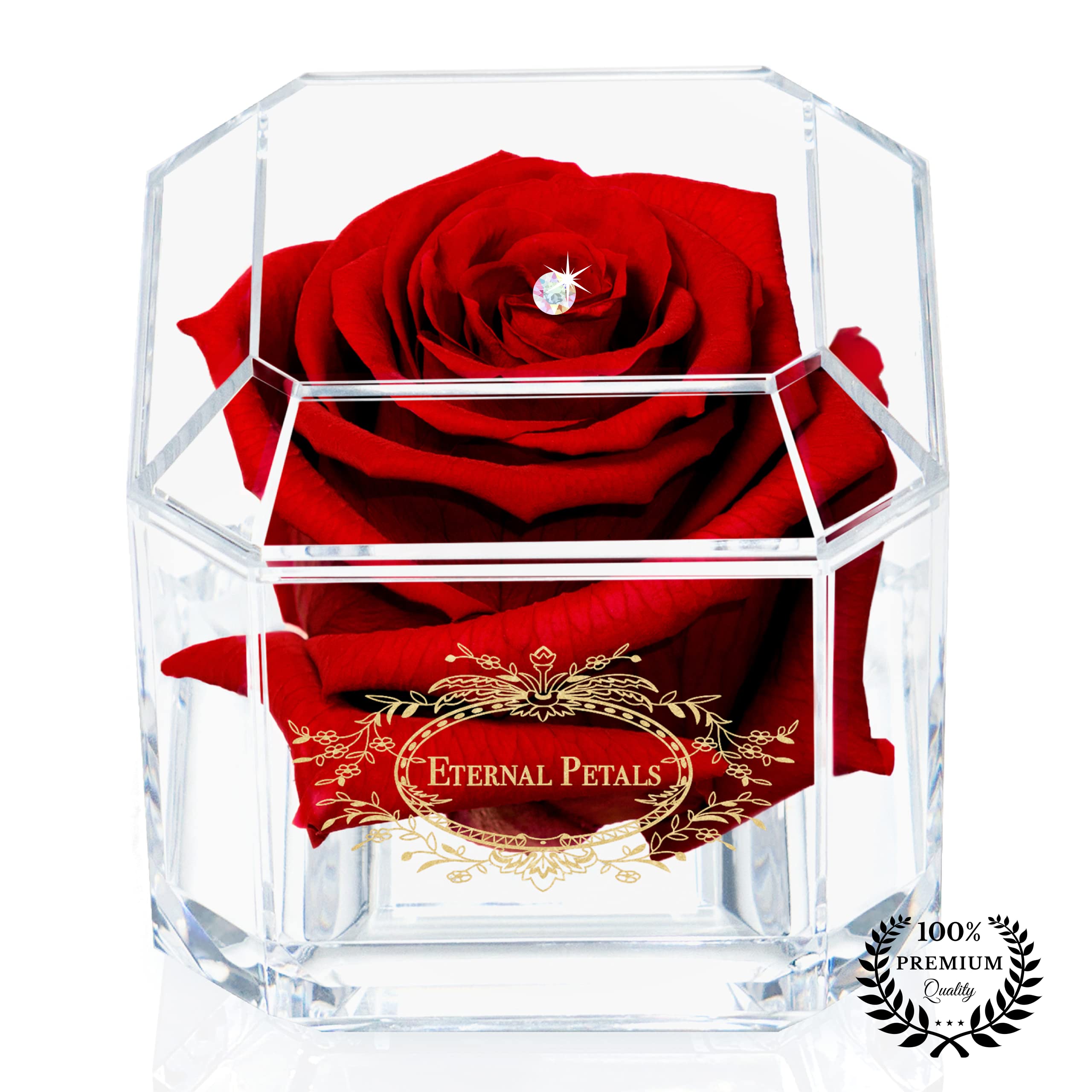 Eternal Petals, Preserved Rose, Handmade in UK, Flowers Delivery Next Day Prime UK – Gold Solo with A Multicolour Crystal (Deep Red)