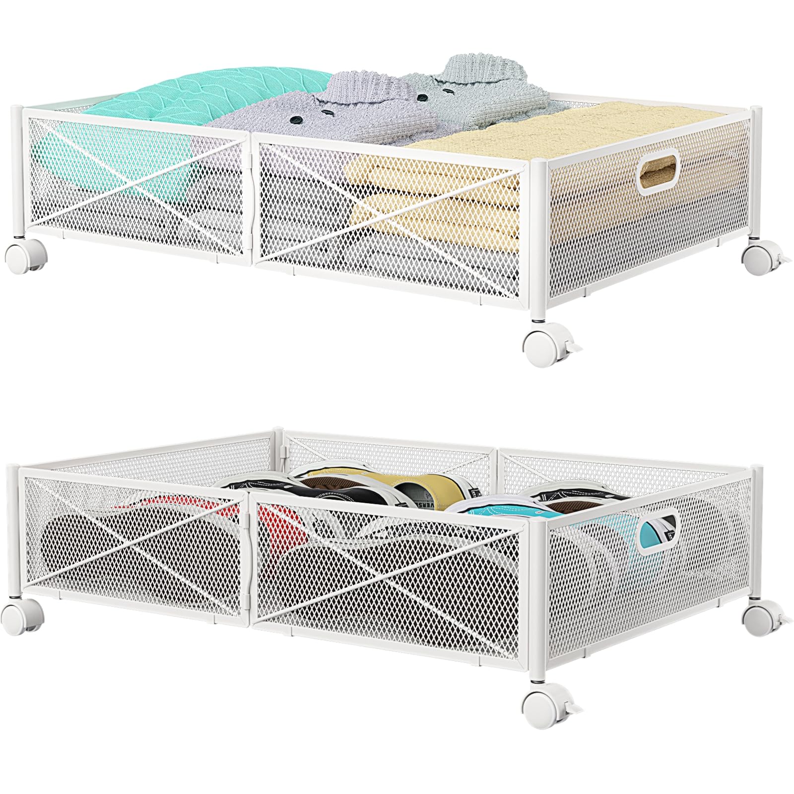 Photo 1 of PHINOX Under Bed Storage with wheels, Under the Bed Storage Containers,Upgrade Crossed Iron Wire, Metal Rolling Underbed Storage Containers for Bedroom Clothes Shoes Blankets-2 Pack,White