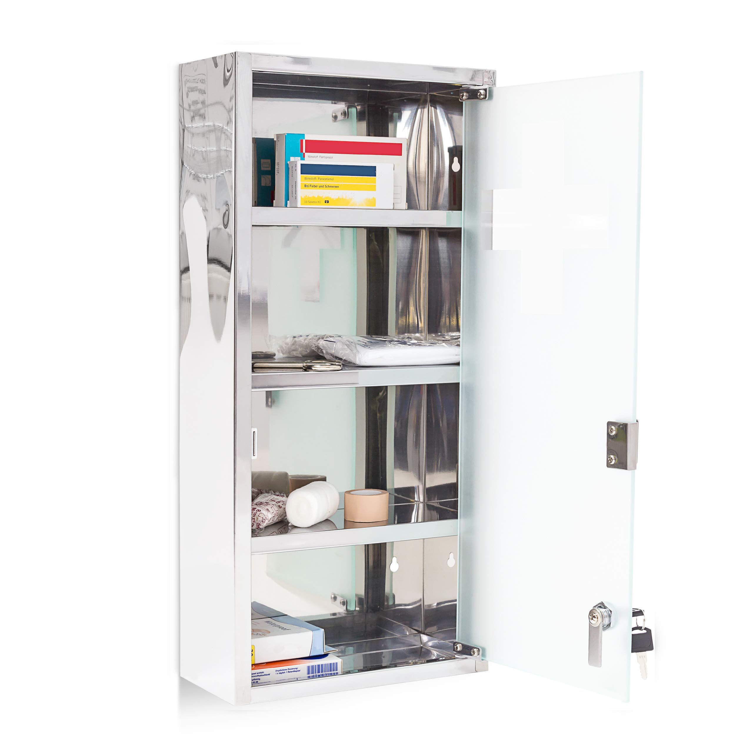 Relaxdays Large Medicine Cabinet, 57 x 27 x 12 cm, Stainless Steel, Lockable, 4 Shelves, With Frosted Glass Door, Silver