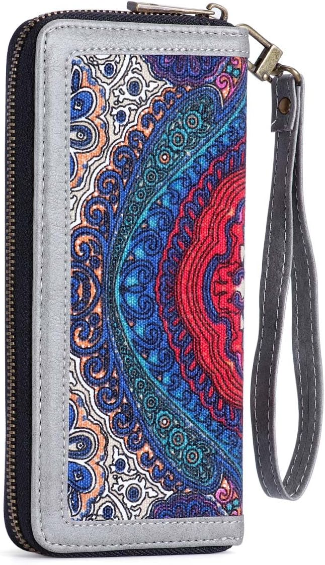 Wallet for Women Large Canvas Wristlet Clutch Wallet Long Purse Phone Bag with Wrislet Strap for Cellphone, Cash, Coin (Grey)