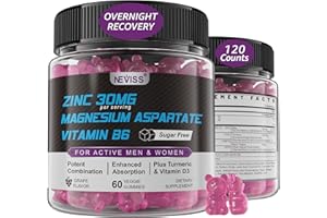 NEVISS Zinc and Magnesium Supplement, Zinc Magnesium Aspartate Post Workout Gummies for Men Women, with Vitamin B6, B12, D3, Turmeric for Nighttime Recovery, Reduce Fatigue, Boost Immunity & Sleep, 120 Count