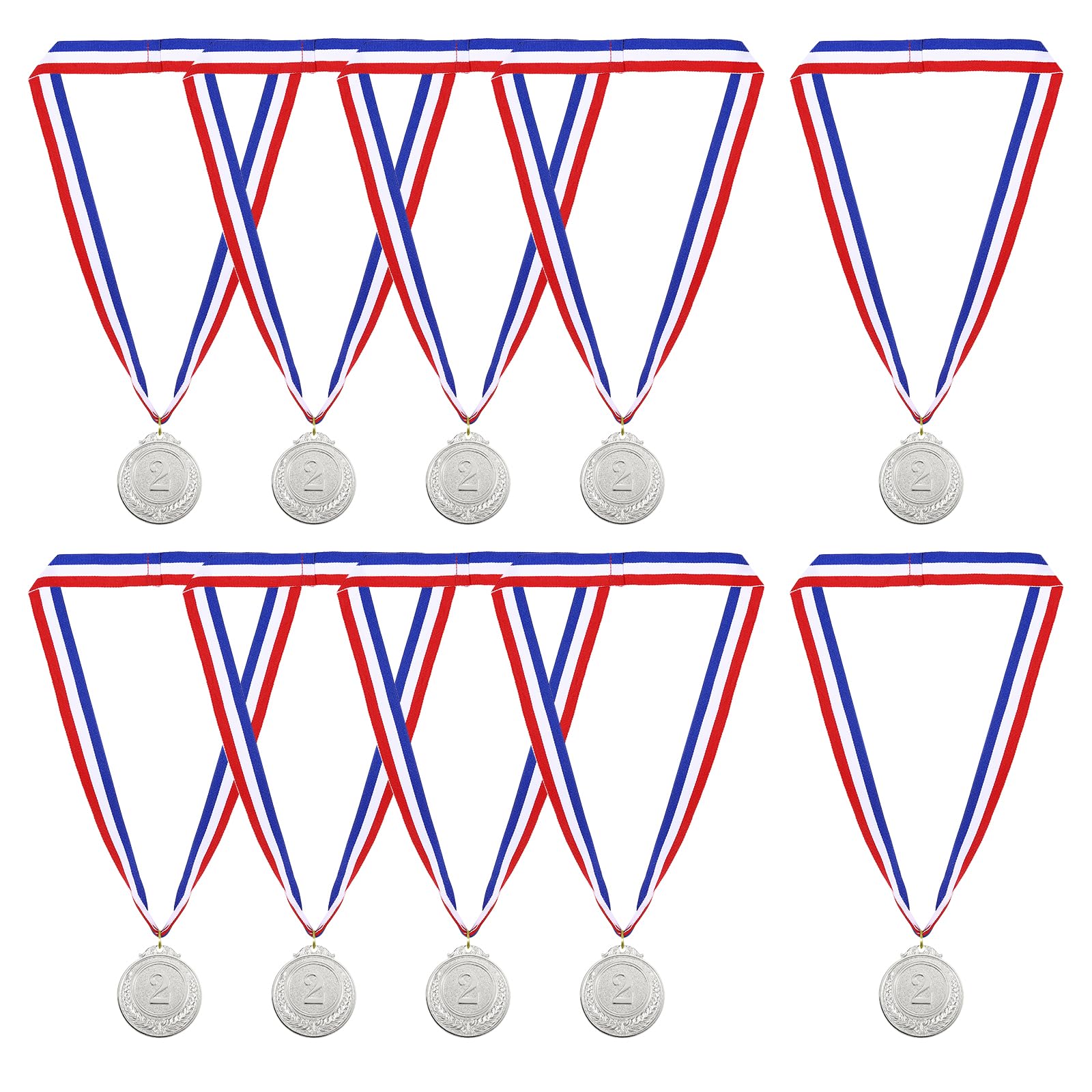 PATIKIL Silver Award Medals, 10 Pcs 2nd Place Style Winner Medals with Neck Ribbon Metal Medals Prizes for Sports, Tournaments, Competitions