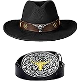 Yahenda 2 Pcs Cowboy Costume Accessories Include Cowboy Cowgirl Hats Western PU Leather Buckle Belts Women's Cowboy Hats (Black)