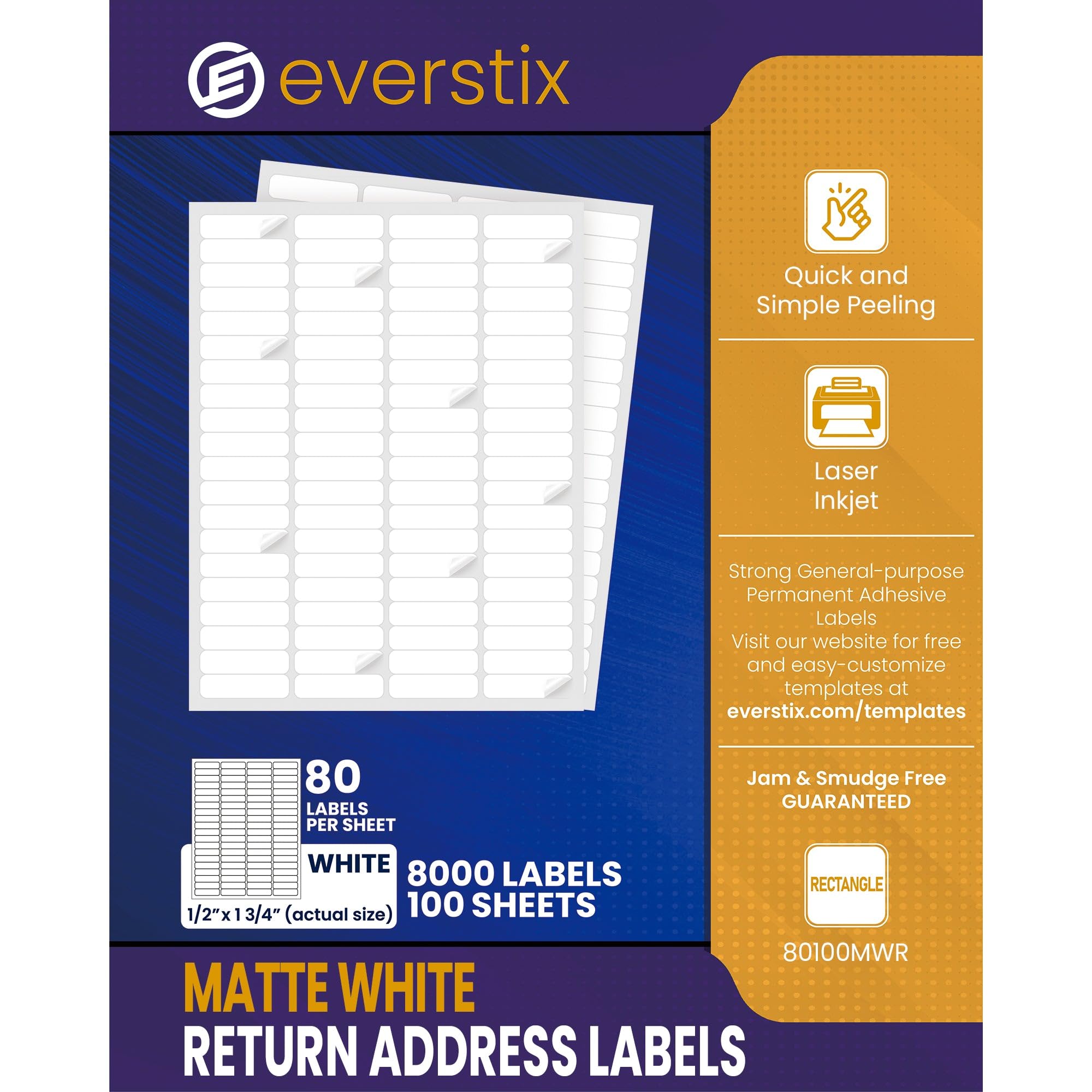 Photo 1 of Everstix 1/2" x 1-3/4", 100 Sheets, 8000 Return Address Labels for Laser & Inkjet Printers, Letter Size