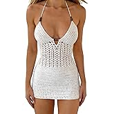 Engofs Women Crochet Halter Dress Beach Swim Cover Ups Mini Dresses