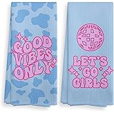 NOQL Blue Pink Let's Go Girls Kitchen Towels and Dishcloths Set of 2, Preppy Kitchen Towels, Disco Ball Leopard Print Drying Cloth Hand Towels for Girls Dorm Bathroom Kitchen Decor, 16×24 Inches