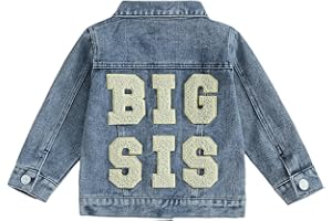 VISGOGO Toddler Baby Girl Jacket Big Lil Sister/Brother Letter Embroidery Jean Long Sleeve Cardigan Button Denim Coat