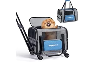 BurgeonNest Cat Carrier with Wheels, Pet Carrier for Dogs 25 lbs with Telescopic Handle, Small Dog Carrier with Wheels Removable, Soft Rolling Cat Carrier with Large Pocket for Travel Vet Visits