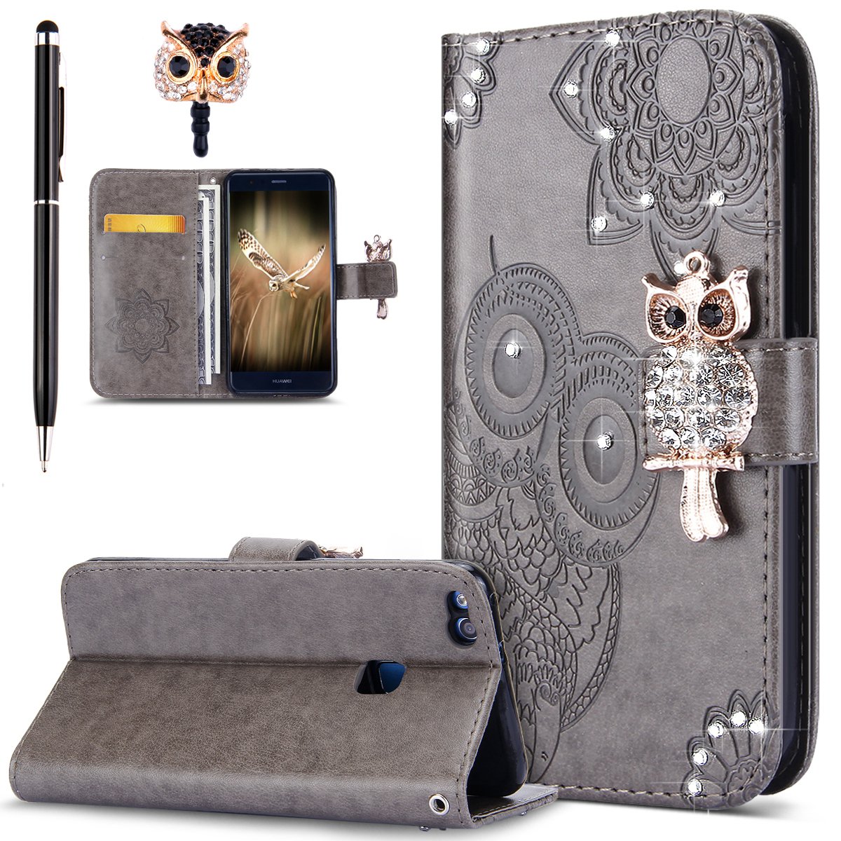 Huawei P10 Lite Case,Huawei P10 Lite Cover, Bling Diamonds Glitter Embossing Mandala Owl PU Leather Fold Wallet Flip Stand Protective Case Cover + Dust Plug & Stylus for Huawei P10 Lite,Gray