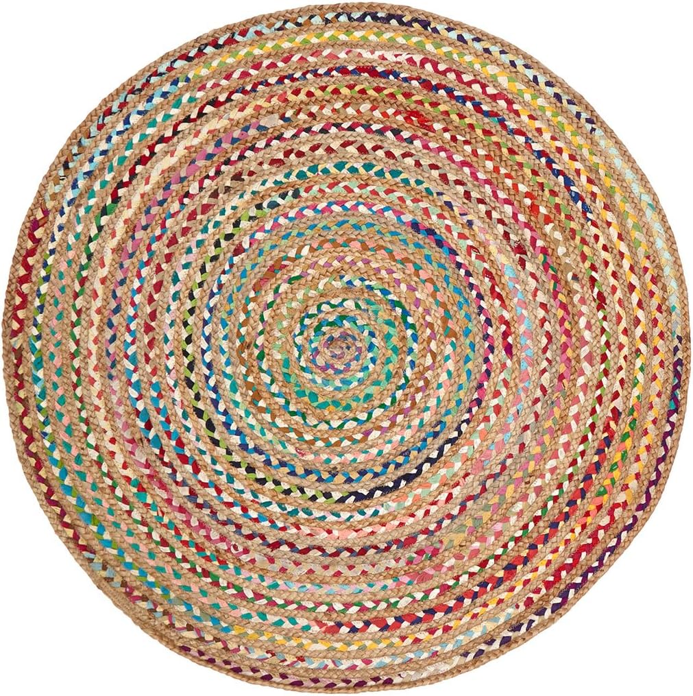 Green Decore Handmade Braided round Natural Fiber Jute Rugs (180 cm Diameter, Fusion Multicolor)