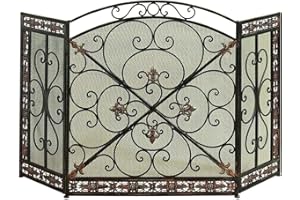 BENZARA Traditional 3 Panel Metal Fire Screen with Filigree Design, Bronze, Black