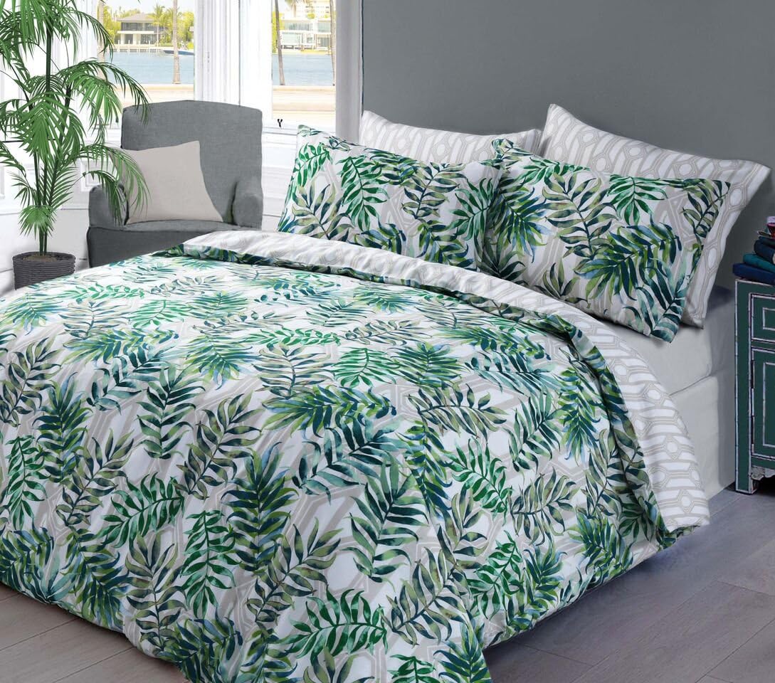 Northern Threadz Floral Polycotton Quilt Duvet Cover with Pillow Cases Bedding Sets (Single, Palm Leaf Green)
