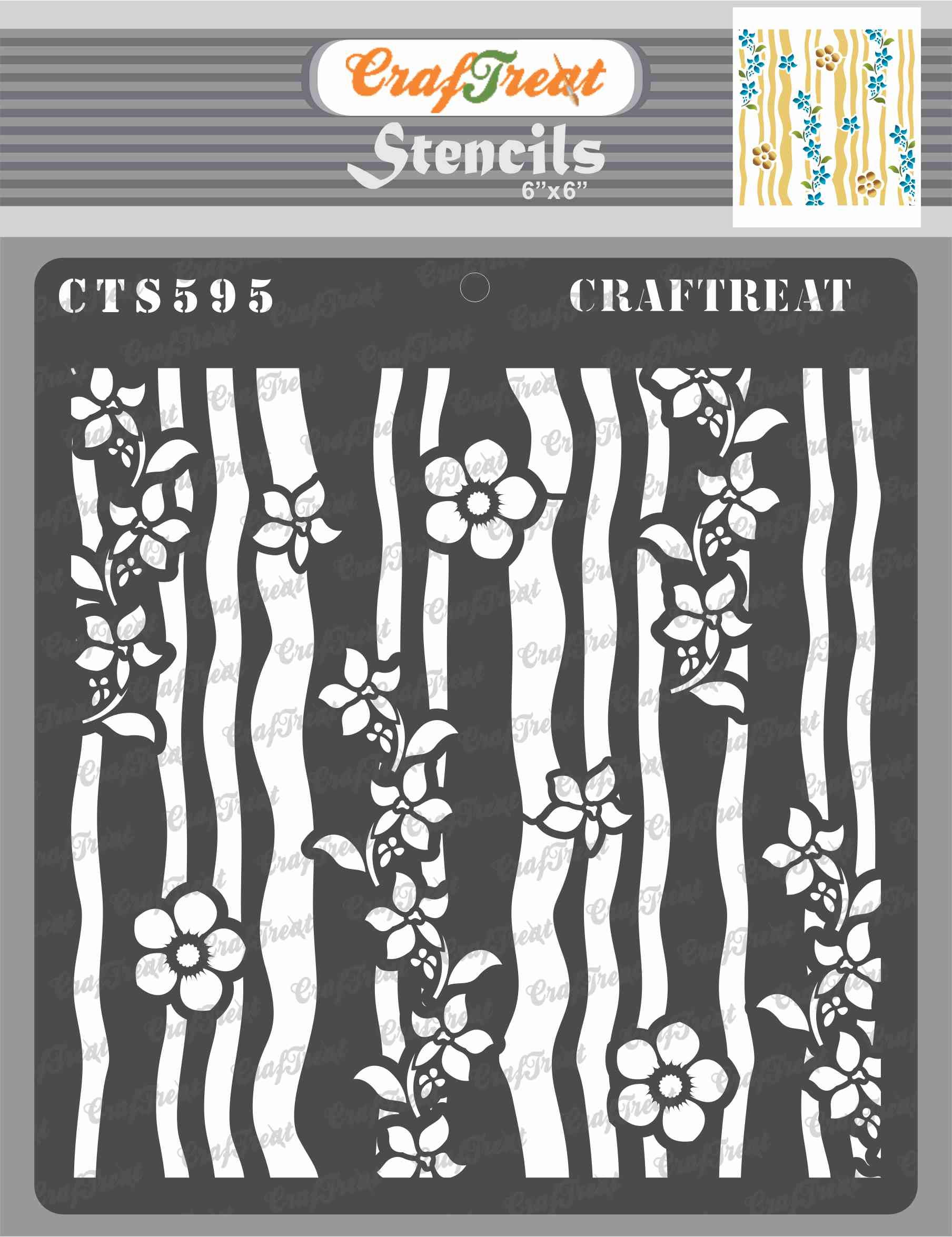 CrafTreat Stencils for Painting on Wood, Canvas, Paper, Fabric, Floor, Wall and Tile - Stripes and Flowers - 6x6 Inches - Reusable DIY Art and Craft Stencils - Flower Pattern Stencil Templates