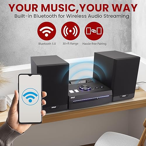 Pyle Home Stereo Shelf System 100W Wireless BT Streaming with CD